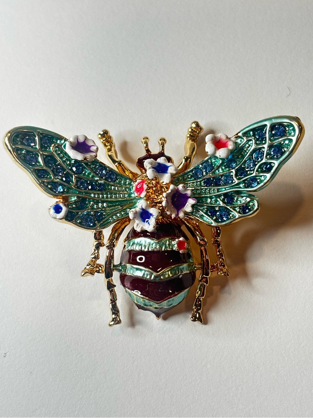 Bee Brooch Gold Tone Blue Rhinestone Enamel Floral Insect Pin Statement 2”